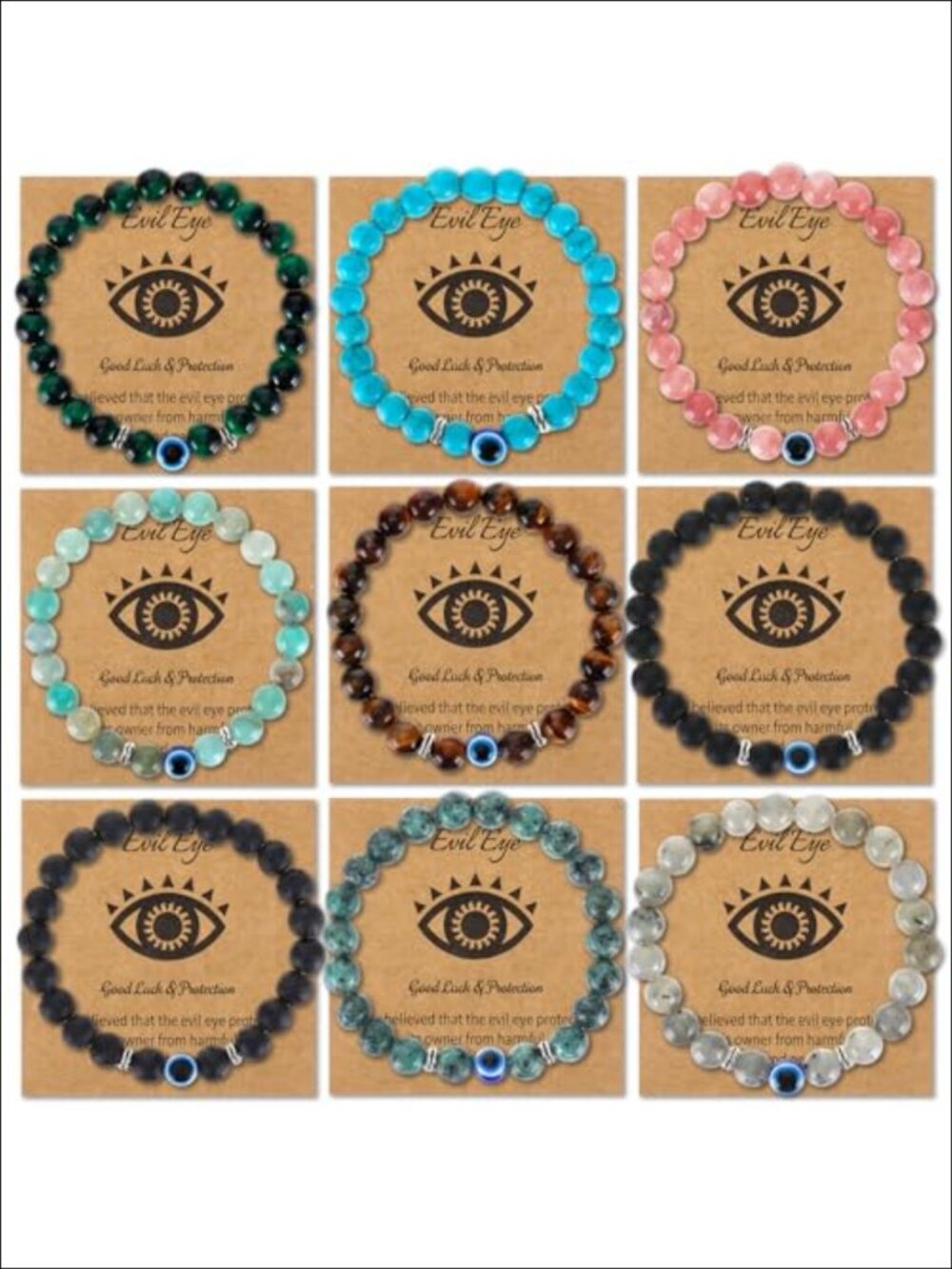 9 Pcs Evil Eye Bracelets Natural Stone Beaded Stretch Protection Set